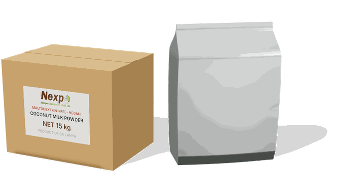 A 15 kg carton of vegan maltodextrin-free coconut milk powder beside its foil bulk pouch, digital mock-up