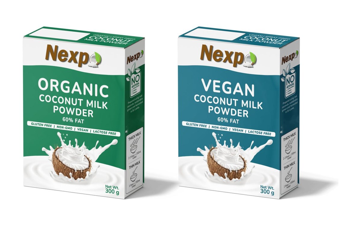 Organic and vegan coconut milk powder in their retail display cartons