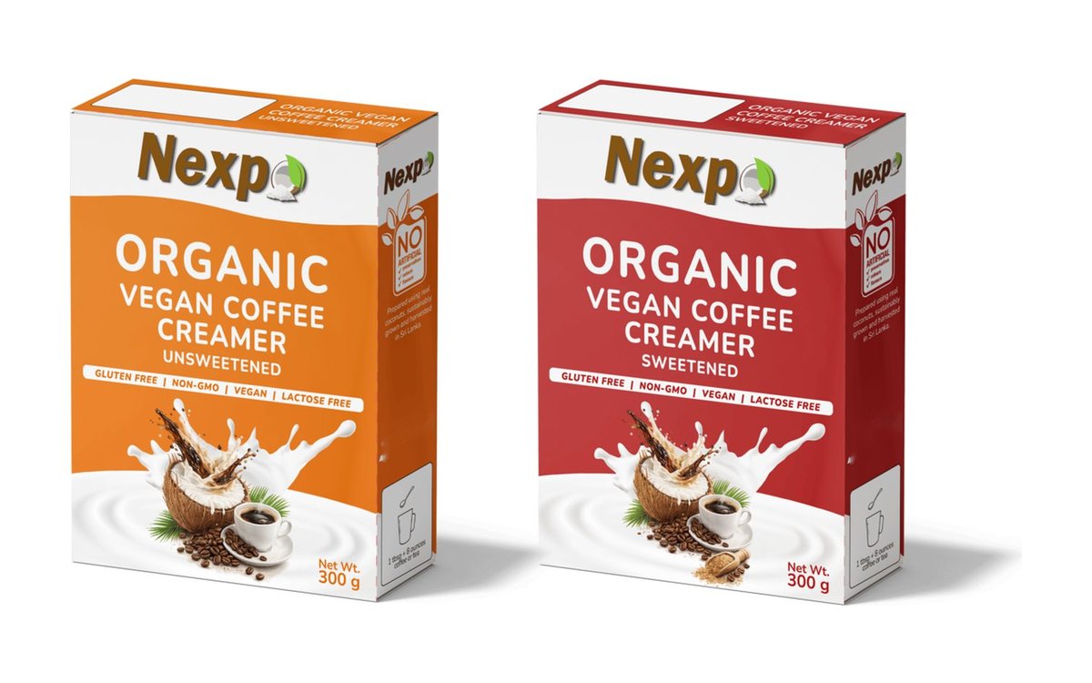 Unsweetened and sweetened coconut coffee creamers in their retail display cartons