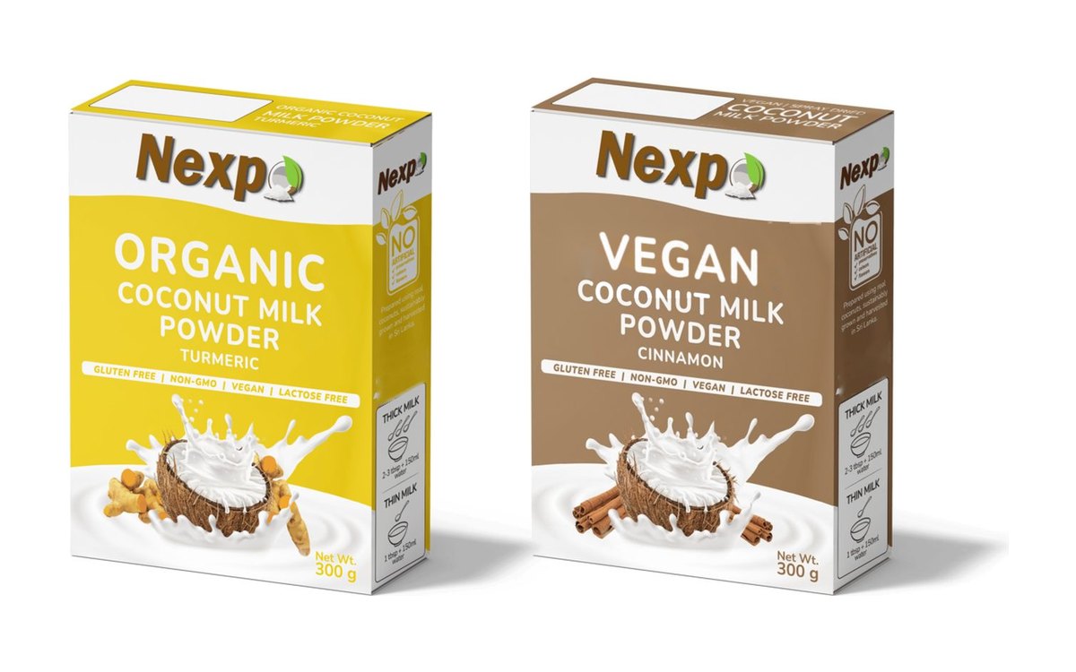 Organic turmeric and vegan cinnamon coconut milk powder in their retail display cartons