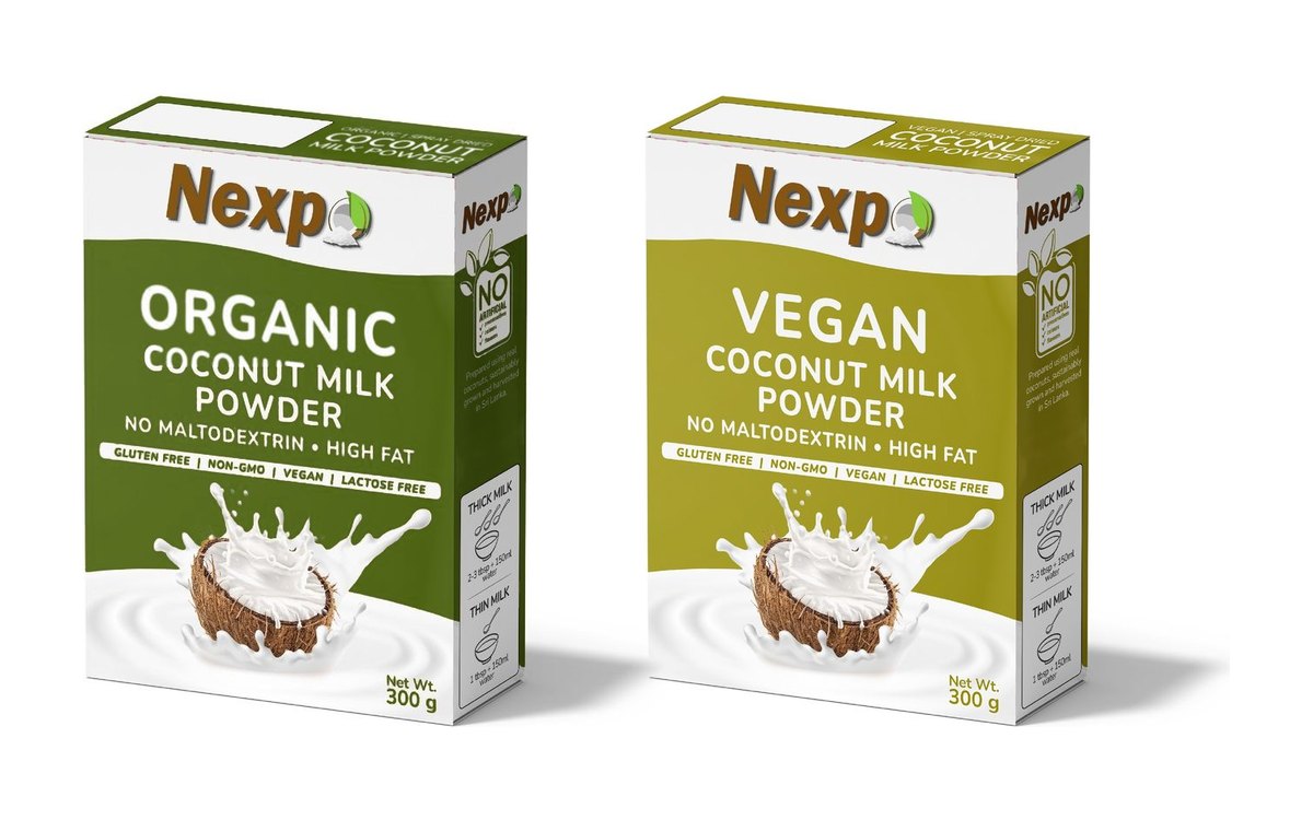 Organic and vegan maltodextrin-free coconut milk powder in their retail display cartons