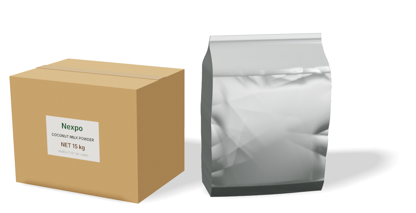 A 15 kg bulk carton beside its aluminium-foil laminated pouch, digital mock-up