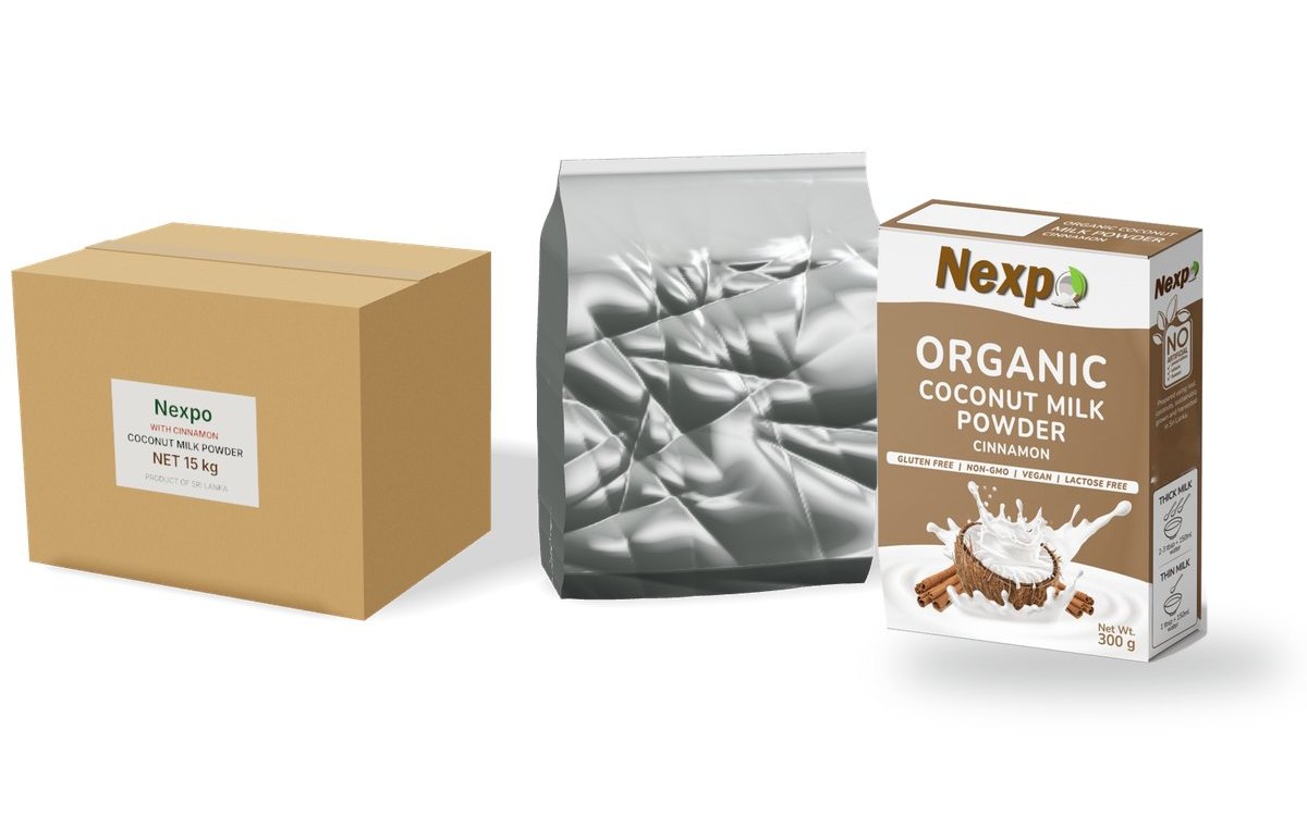 Organic coconut milk powder with cinnamon in a 15 kg bulk carton and foil pouch, and in a retail display carton