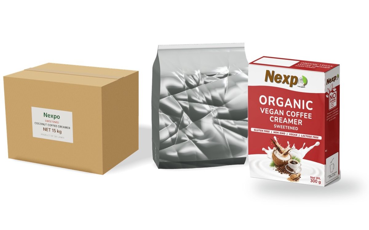 Organic coconut coffee creamer, sweetened in a 15 kg bulk carton and foil pouch, and in a retail display carton