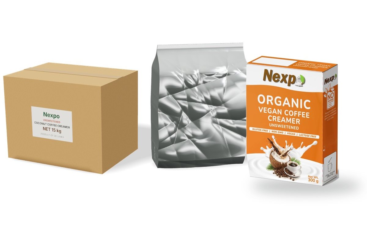 Organic coconut coffee creamer, unsweetened in a 15 kg bulk carton and foil pouch, and in a retail display carton