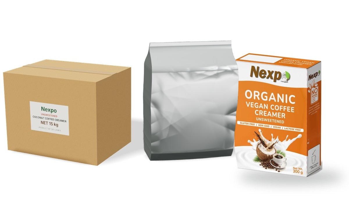 Organic coconut coffee creamer in a 15 kg bulk carton and foil pouch, and in a retail display carton