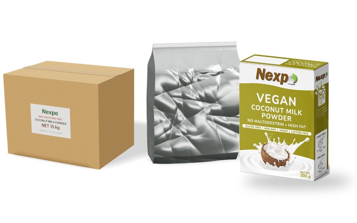 Maltodextrin-free coconut milk powder in a 15 kg bulk carton and foil pouch, and in a retail display carton
