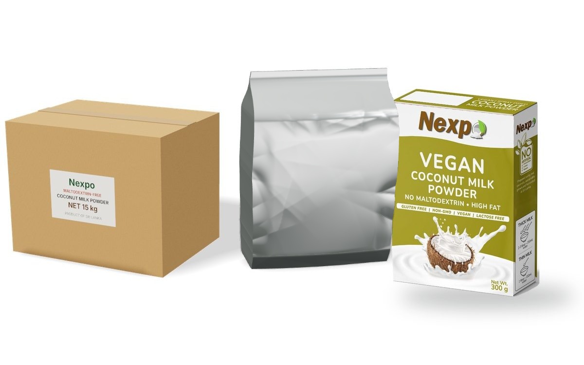 Maltodextrin-free vegan coconut milk powder in a 15 kg bulk carton and foil pouch, and in a retail display carton