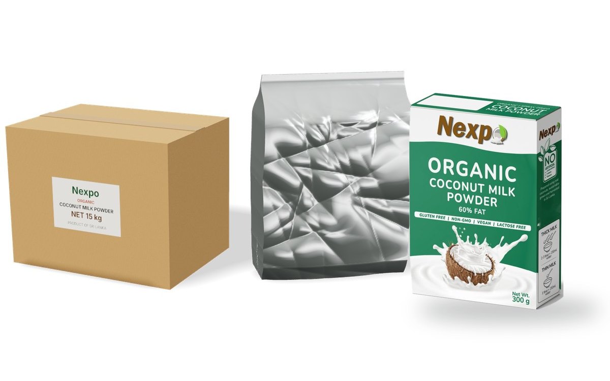 Organic coconut milk powder in a 15 kg bulk carton and foil pouch, and in a retail display carton