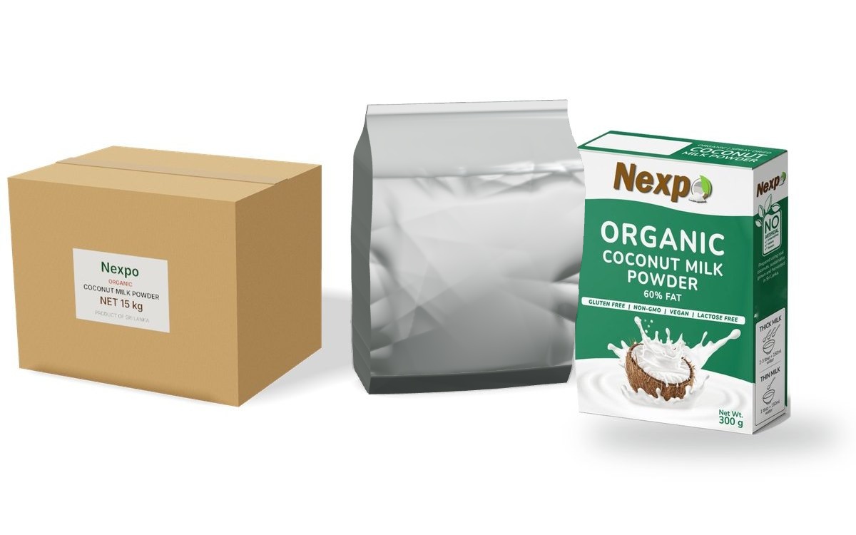Organic coconut milk powder in a 15 kg bulk carton and foil pouch, and in a retail display carton