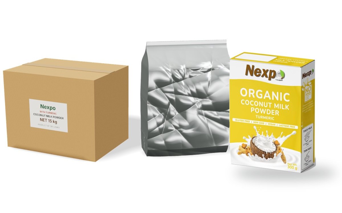 Organic coconut milk powder with turmeric in a 15 kg bulk carton and foil pouch, and in a retail display carton
