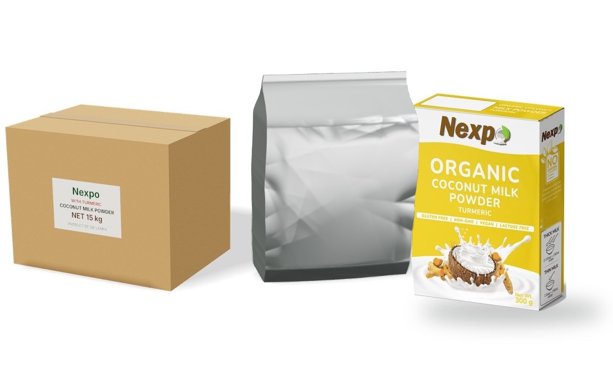 Organic coconut milk powder with turmeric in a 15 kg bulk carton and foil pouch, and in a retail display carton