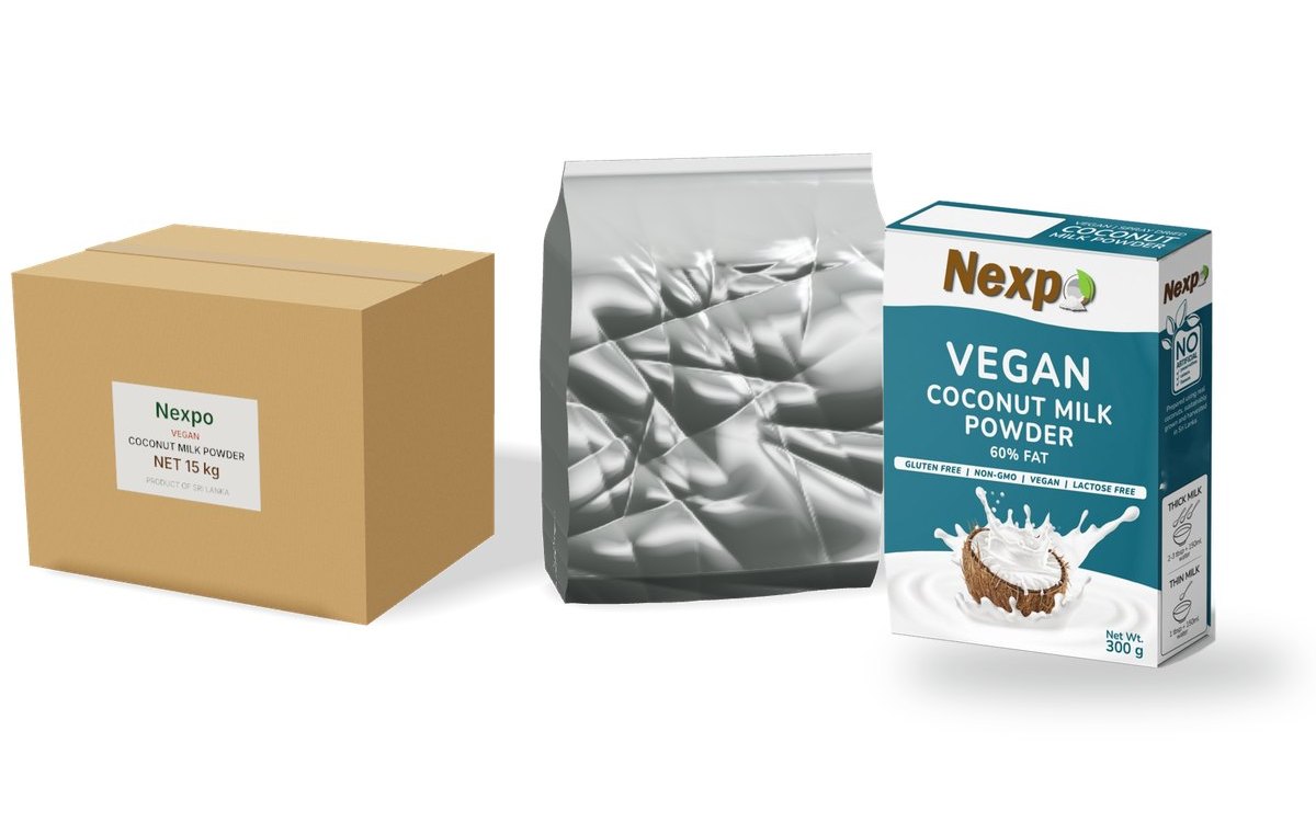 Vegan coconut milk powder in a 15 kg bulk carton and foil pouch, and in a retail display carton