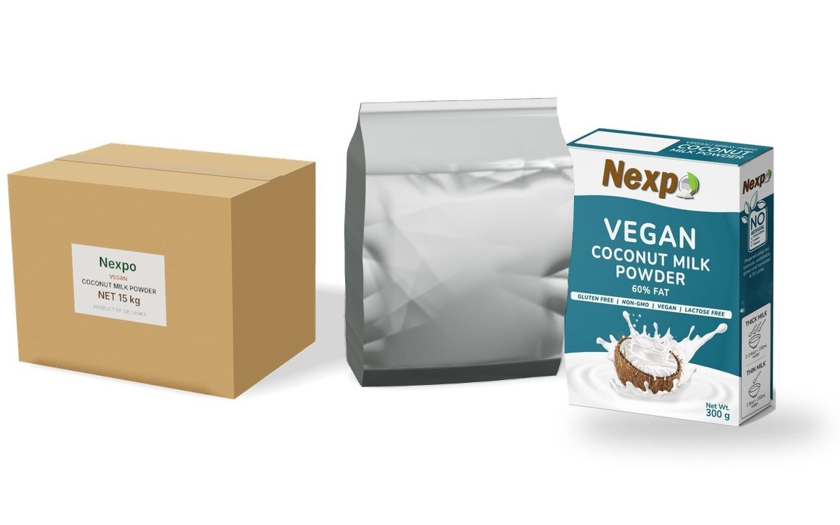 Vegan coconut milk powder in a 15 kg bulk carton and foil pouch, and in a retail display carton